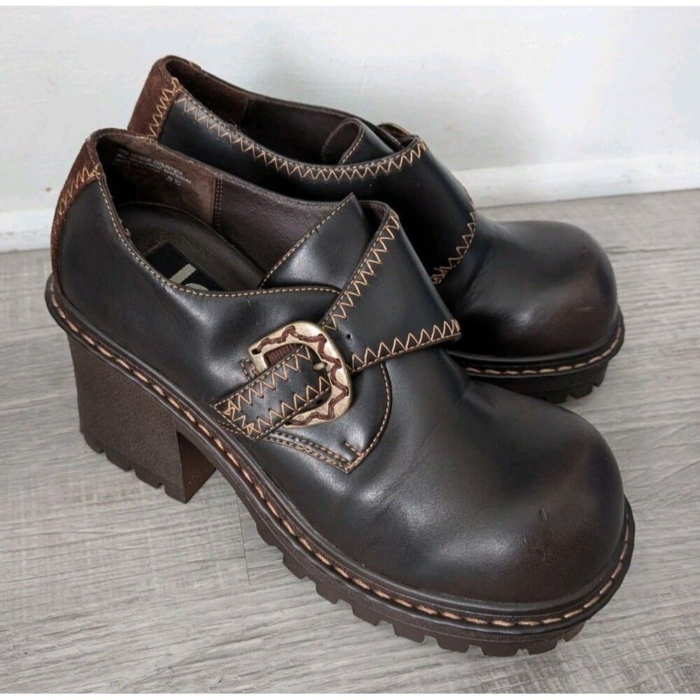 90s L.E.I. Brown Chunky Platform Buckle Shoes Grunge Women's Sz 8.5 Vintage Y2K